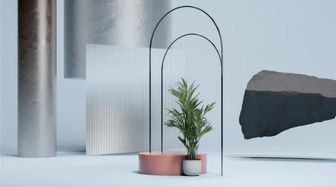 Pale blue space with thin arcs, round pink podium and small palm tree. Minimal Stock Illustration