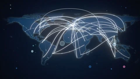 Pale Blue World Map With Arched Flight Route Network And Travelling Lights Stock-Footage 343108719