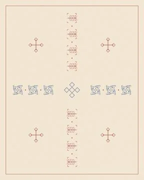 A pale field features a precise symmetrical arrangement of red linear motif.. Stock Illustration