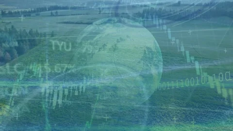 Pale globe growing and adding data overlay showing candles lines and binary over Stock Footage 332614138