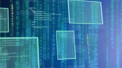 Pale-green frame glowing, panel cluster expanding and numeric streams falling Stock Footage 335317645