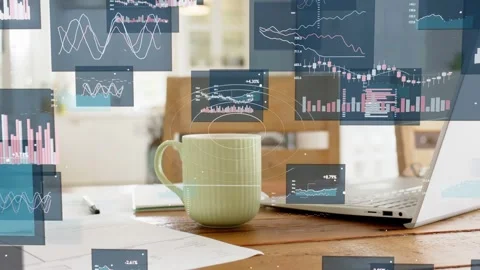 Pale green mug staying centered while HUD panels rising from laptop, grouping Video stock 337912982