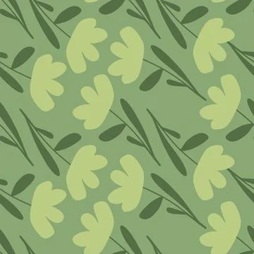 Pale green tones seamless pattern with hand drawn simple flowers shapes. Natu Illustrazione stock