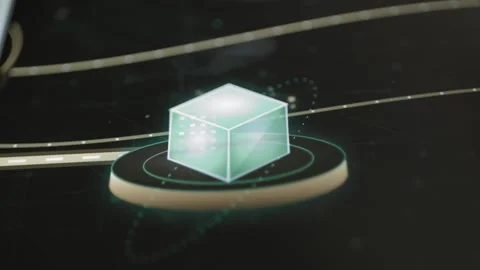 Pale green transparent cube with small data marks floats Stock Footage 343372564