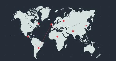 Pale grey world map with moving red network of connected points on dark grey イラスト素材