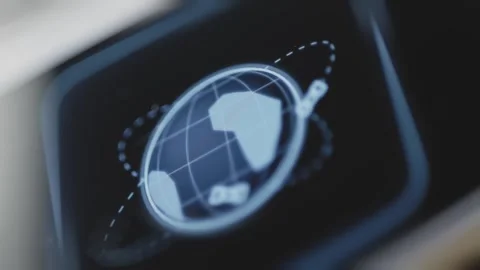 Pale gridded globe centered on Africa is surrounded by several satellite Stock Footage 343379359