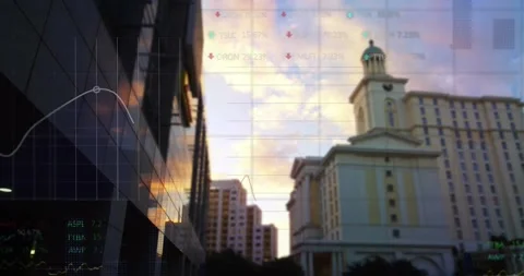 Pale hotel receiving data feed, showing tech HUD, graphs, percent overlays on Stock Footage 330676478