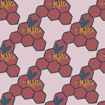 Pale insect seamless pattern with bees and honeycombs. Red ornament on light  Illustrazione stock