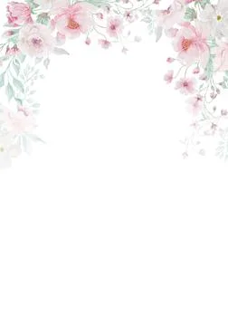 Pale leaves and flowers - botanical design banner. Floral pastel watercolor b Stock Illustration