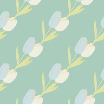 Pale light seamless doodle pattern with tulip flowers. Diagonal botanic ornam Stock Illustration