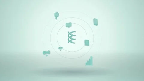 Pale mint double ring of digital health icons orbiting a dna core seamless loop Video stock 342713960