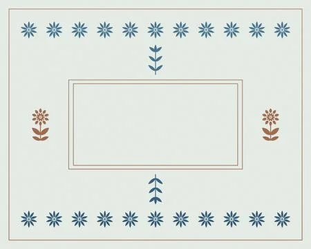 A pale mint surface is framed by repeated blue star flowers and rust botani.. Ilustración de archivo