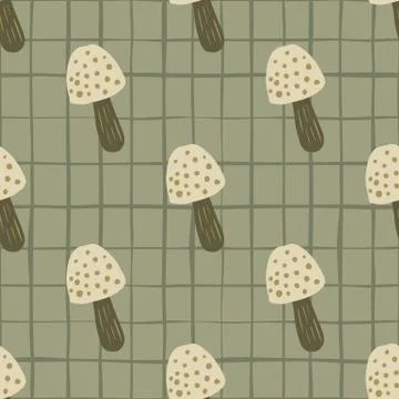 Pale mushrooms seamless doodle pattern. Beige background with check. Simple f Stock Illustration