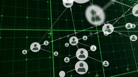 Pale node appearing sparking tech growth as avatar nodes linking across green Stock Footage 330547180