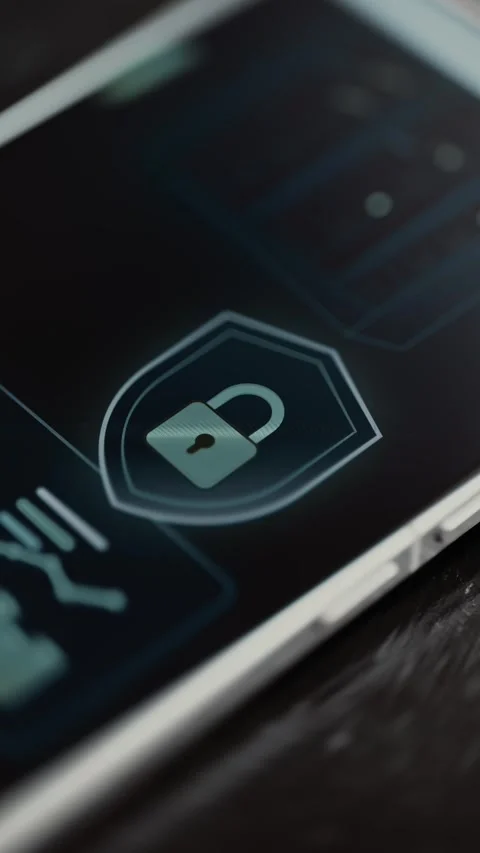 Pale open padlock is centered inside multiple outlined shield layers Stock Footage 343375489