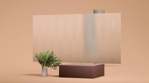 Pale orange background with square podium and wavy glass screen. Minimal design Stockillustratie