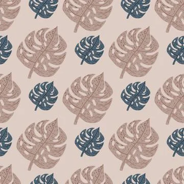 Pale palette seamless pattern with beige and navy blue monstera ornament. Pas Stock Illustration