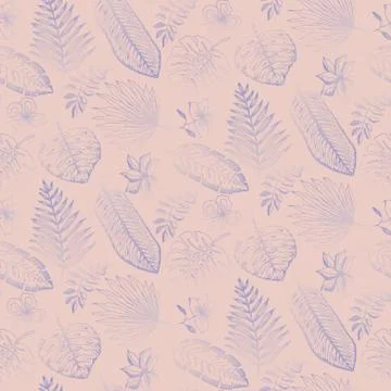 Pale pattern with blue tropical leaves on pink Stock Illustration