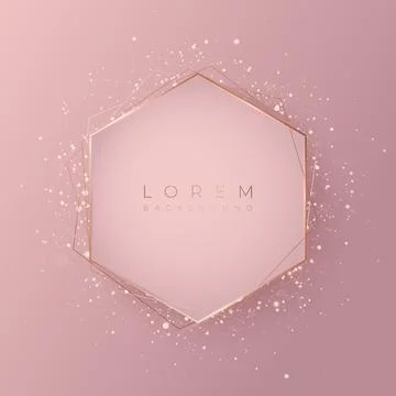Pale pink hexagonal 3d background shape with gold frame and shiny glitter. Stock Illustration