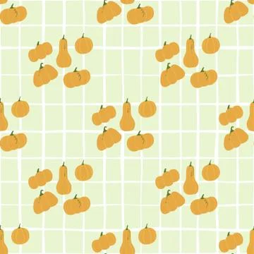 Pale pumpkin ornament seamless pattern. Light grey background with check. Sim Stock Illustration