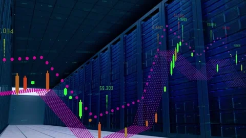Pale rectangular light opening, server racks projecting magenta path into 3D Stock Footage 331712639