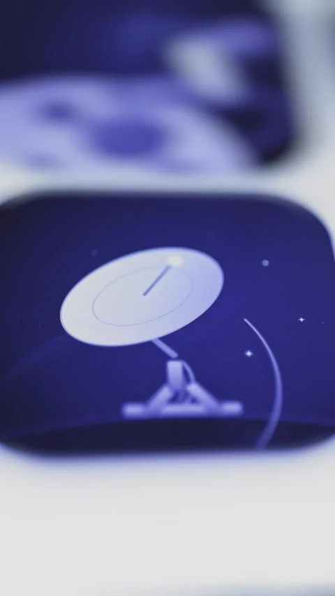 Pale satellite dish emits curved radio waves across a violet touchscreen button Vídeo Stock 343380203