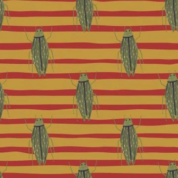 Pale seamless botanic pattern with insects silhouettes. Green bugs ornament o Illustrazione stock