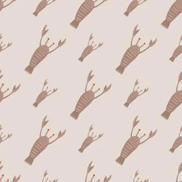 Pale seamless doodle pattern with beige lobster ornament. Grey pastel chequer Stock Illustration