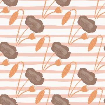 Pale seamless doodle pattern with brown flower elements. Stripped background  Illustrazione stock