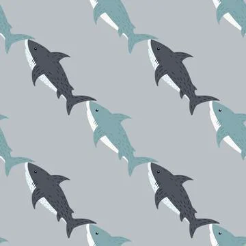 Pale seamless doodle pattern with hand drawn shark ornament. Grey background. Illustrazione stock