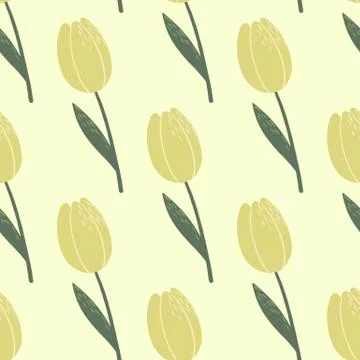 Pale seamless doodle pattern wit tulips silhouettes. Yellow buds with green s Stock Illustration