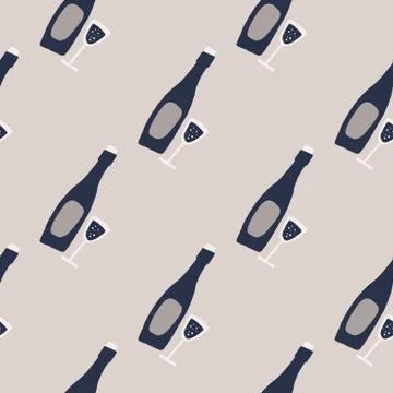 Pale seamless doodle wine elements pattern. Grey background with navy blue bo Stock Illustration