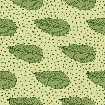 Pale seamless foliage pattern with green outline leaves silhouettes. Yellow l Stock Illustration