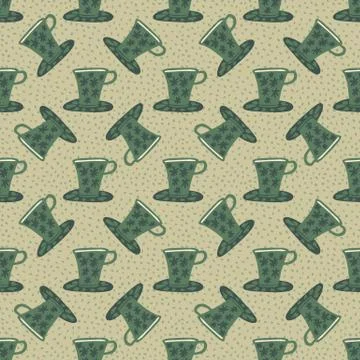 Pale seamless kitchen pattern with green cups. Beige background. Cafe dish pr Ilustración de archivo