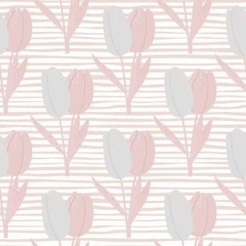 Pale seamless light pattern with hand drawn tulip silhouettes. Flower ornamen Stock Illustration