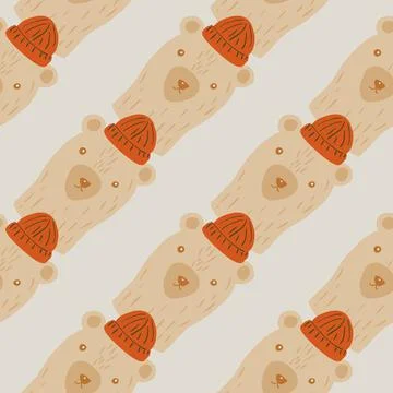 Pale seamless pattern with beige colored bear head in hats print. Lilght back Stock Illustration