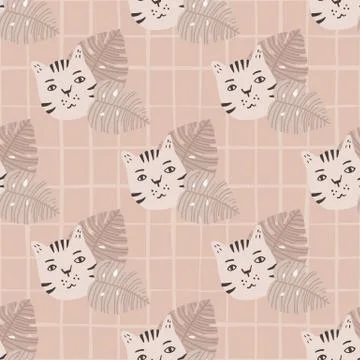 Pale seamless pattern with cats and monstera. Beige background with check. Bo 스톡 일러스트