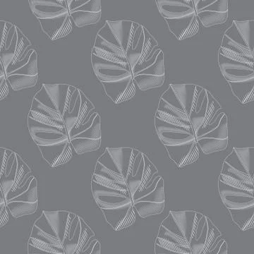 Pale seamless pattern with doodle monstera leaves silhouettes. Simple botanic Stock Illustration