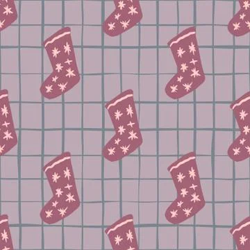 Pale seamless pattern with doodle pink christmas socks print. Chequered light Stock Illustration
