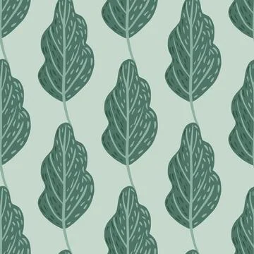 Pale seamless pattern with doodle simple oak leaves shapes print. Blue and gr 스톡 일러스트