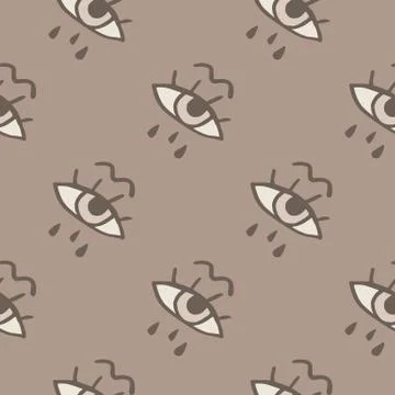 Pale seamless pattern with eye and tears ornament. Pale simple artwork in gre Stock Illustration