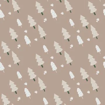 Pale seamless pattern with fir tree grey silhouettes. Light beige background  스톡 일러스트