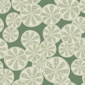 Pale seamless pattern with grey random lemon slices shapes. Pale green backgr Stock Illustration