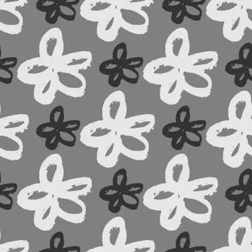 Pale seamless pattern with grunge daisy flowers on grey background. White and Illustrazione stock