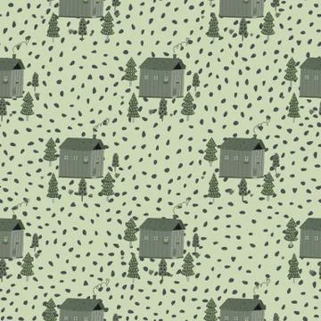 Pale seamless pattern with hand drawn house and fir tree silhouettes ornament Stock Illustration
