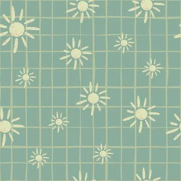 Pale seamless pattern with random ethnic simple sun silhouettes. Light green  Stock Illustration