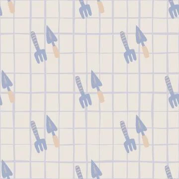 Pale seamless pattern with shovel and rake silhouettes. Light grey background Stock Illustration