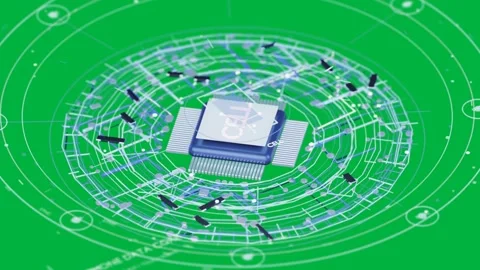 Pale square transforming into microchip, powering ring circuits orbiting showing Stock Footage 335780914
