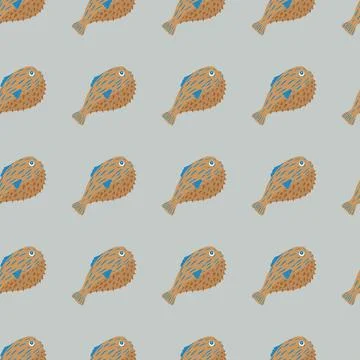 Pale tones abstract seamless pattern with brown fugu fish elements print. Pas Stock Illustration
