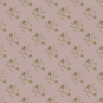 Pale tones seamless pattern with doodle beige skull and bones silhouettes. Li Illustrazione stock
